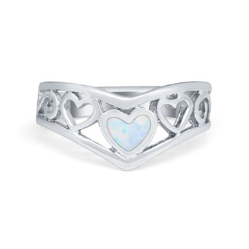 Created White Opal Heart Filigree Chevron Midi Thumb V Ring 925 Sterling Silver